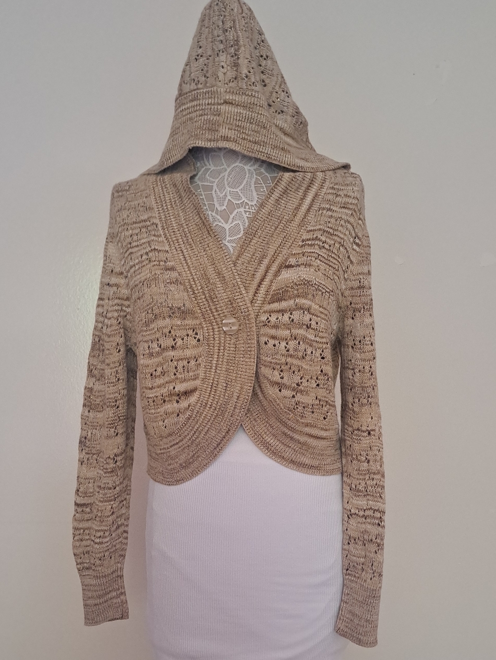 Lane Bryant Hooded Openwork Knit Cardigan in Beige